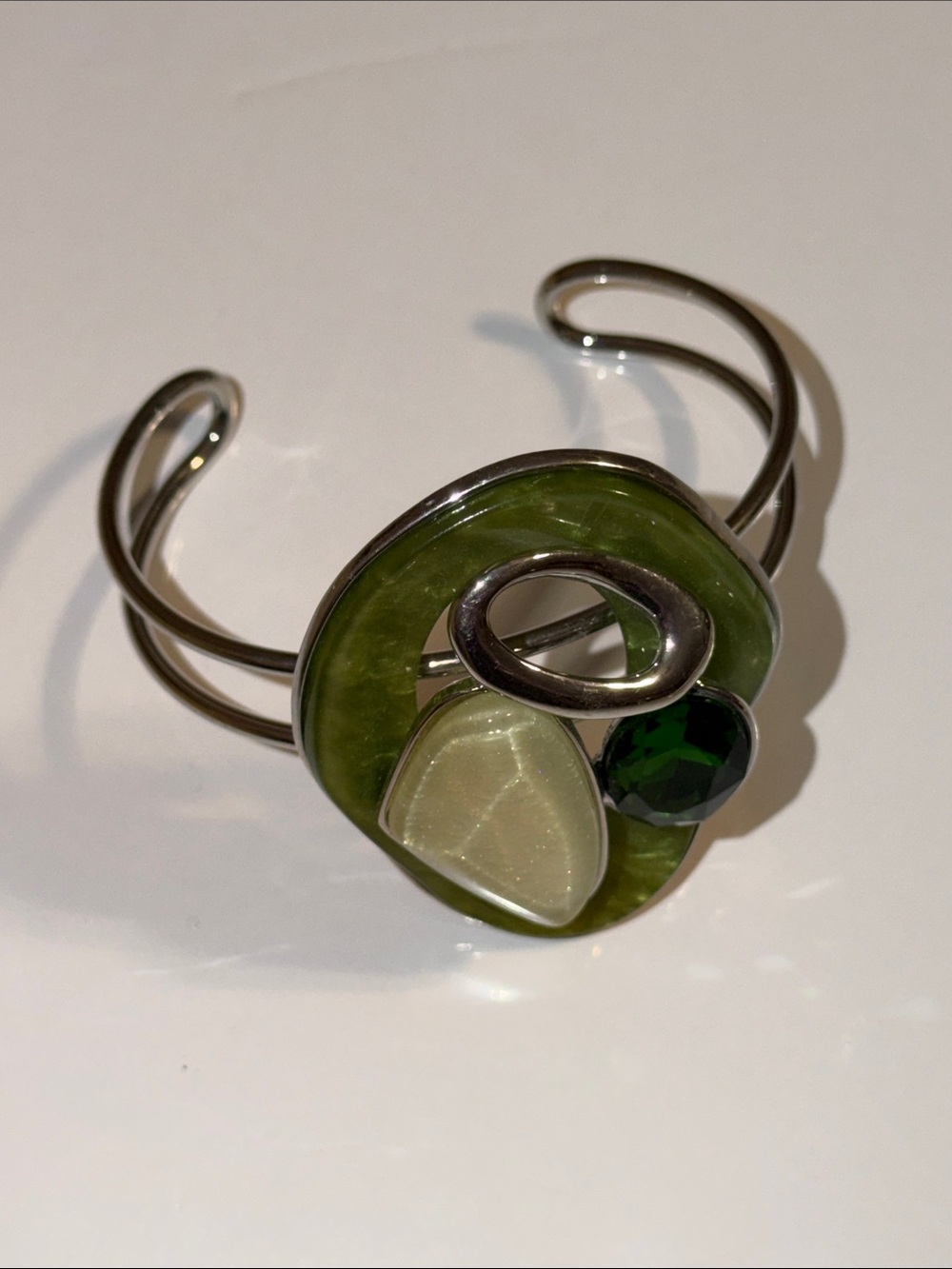 Silver-Tone Green Statement Architectural Cuff Bracelet with Gem Accents NWOT